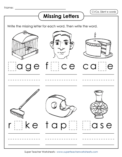Missing Letters 1 (Silent E) Phonics Silent E Worksheet