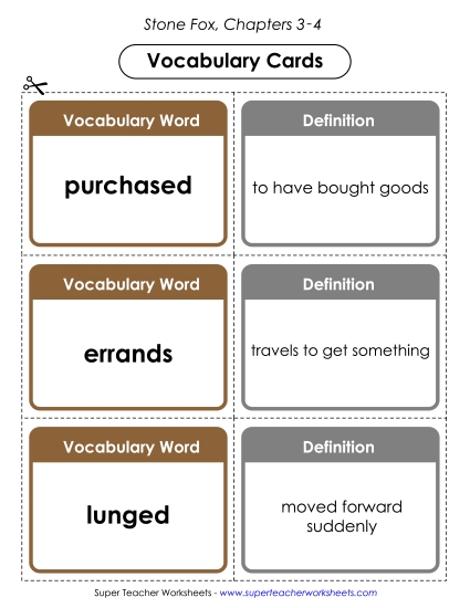 Vocabulary Cards for Chapters 3-4 Books Worksheet