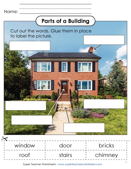 New Parts of a Building Cut & Glue Activity  Worksheet