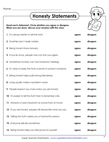New Honesty Statements: Agree or Disagree Worksheet