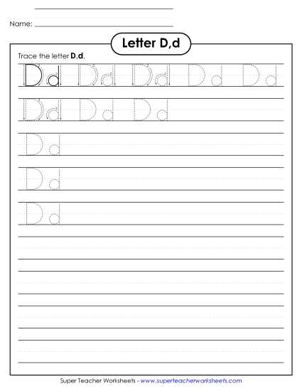 Letter D, d - Tracing (Smaller Font Size) Alphabet Worksheet