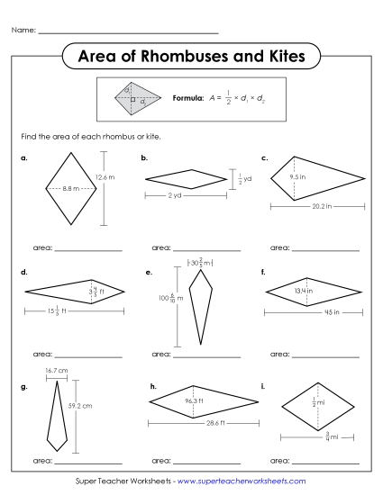 aArea of Rhombuses & Kites Practice <br>(with Decimals and Fractions)