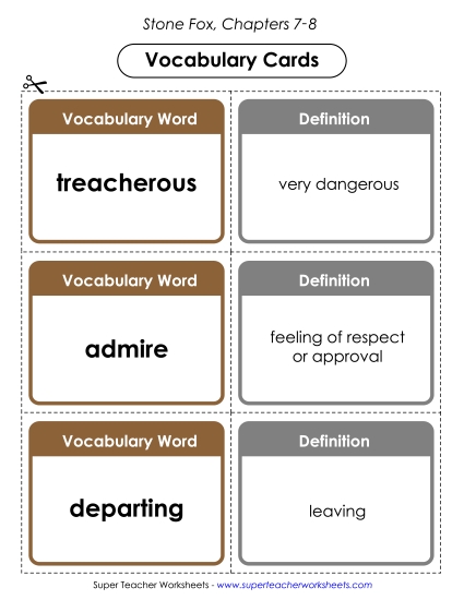 Vocabulary Cards for Chapters 7-8 Books Worksheet