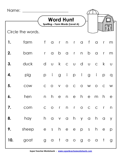 Horizontal Word Hunt (A-Farm Words) Spelling A Worksheet