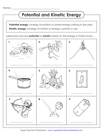 New Potential or Kinetic Energy Picture Identification Worksheet