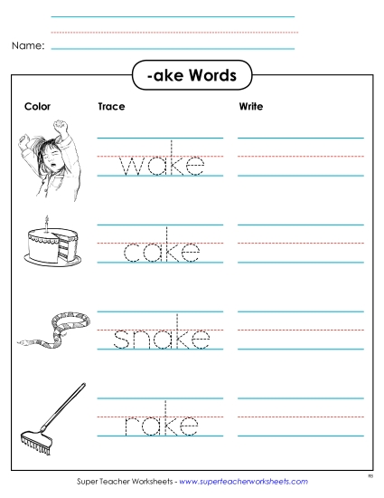 Trace and Write (-ake) Word Families Worksheet