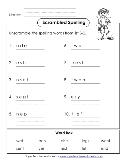 Unscramble the Words (B-2) Spelling B Worksheet