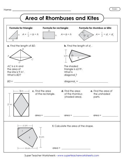New Area of Rhombuses and Kites Challenges (Basic) Worksheet