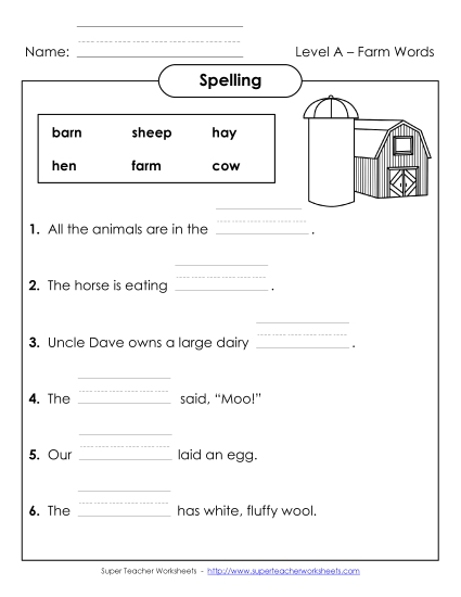 Complete the Sentences (A-Farm Words)  Spelling A Worksheet