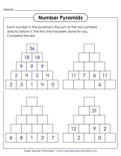 New Number Pyramids (5 Rows, Top Number Unknown) Worksheet New Number Pyramids (5 Rows, Top Number Unknown) Worksheet
