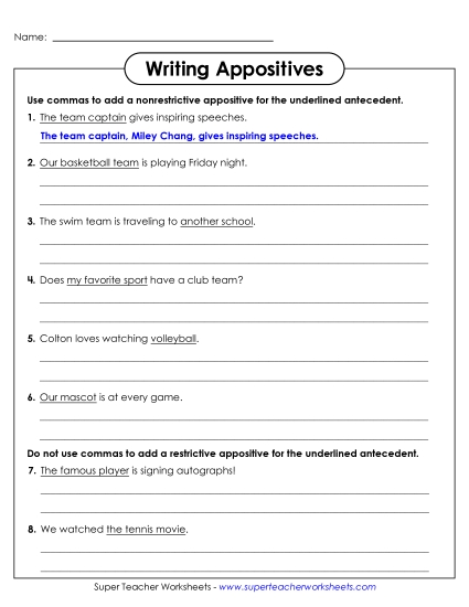 Writing Appositives (Extra Practice) Worksheet