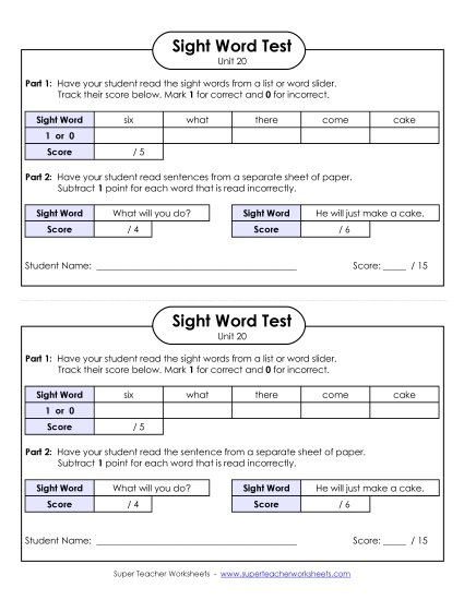 1-on-1 Reading Test (Unit 20) Sight Words Worksheet