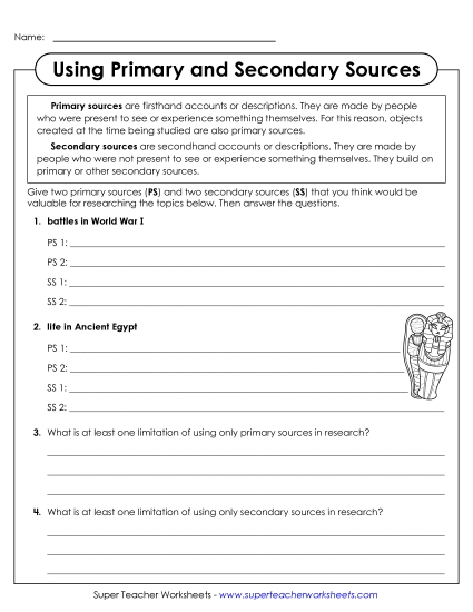 New Using Primary & Secondary Sources Worksheet