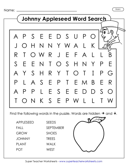 New Johnny Appleseed Word Search (Basic) Worksheet