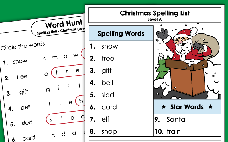 Spelling Worksheets - Christmas - 1st Grade