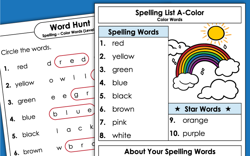 1st Grade Spelling Worksheets - Color Words