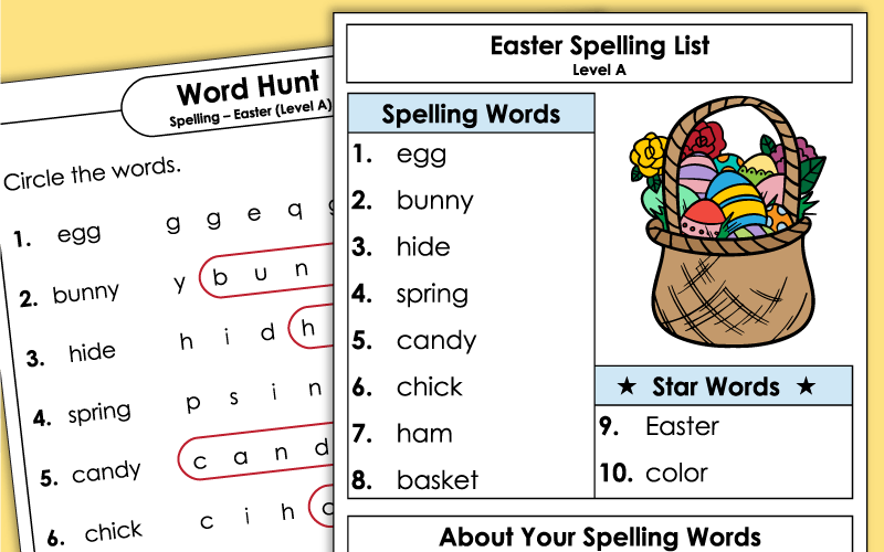 Easter Spelling Worksheets - Grade 1