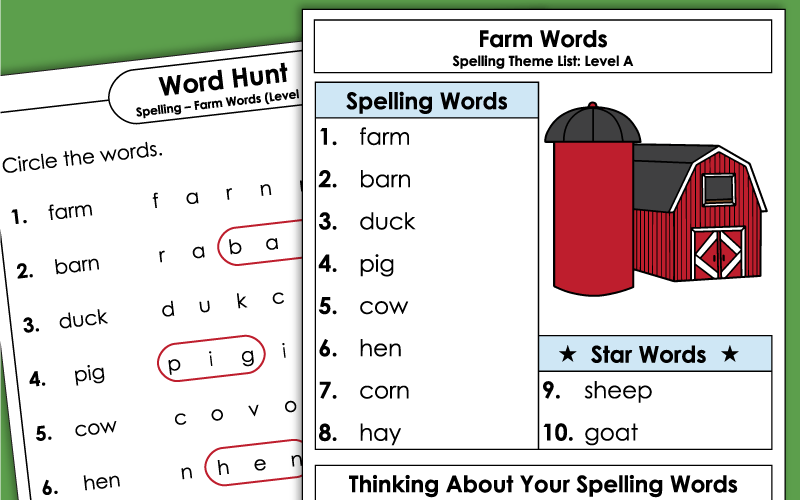 1st Grade Spelling Worksheets - Farm Words