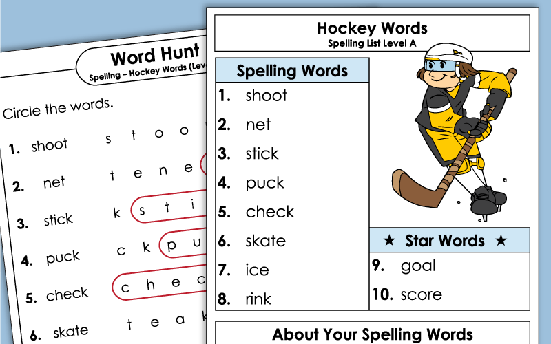 Grade 1 Spelling Worksheets - Hockey Words