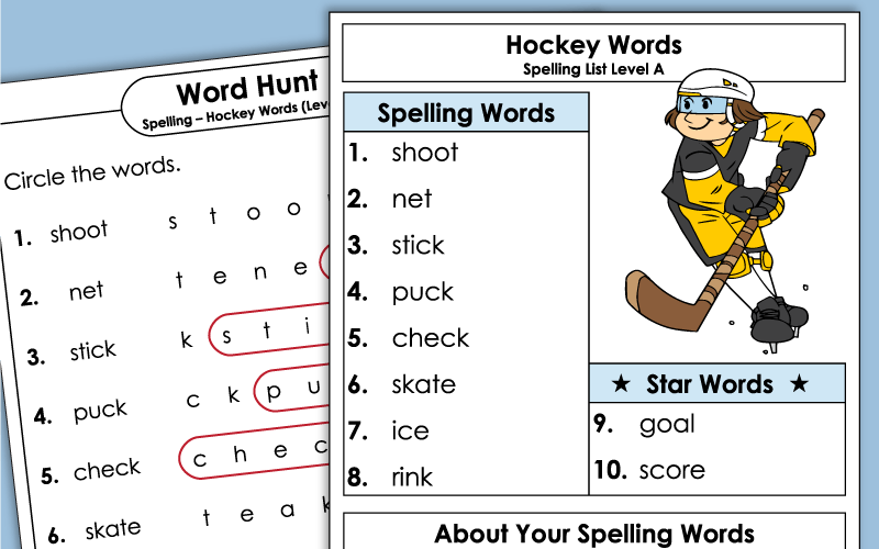 Grade 1 Spelling Worksheets - Hockey Words Grade 1 Spelling Worksheets - Hockey Words