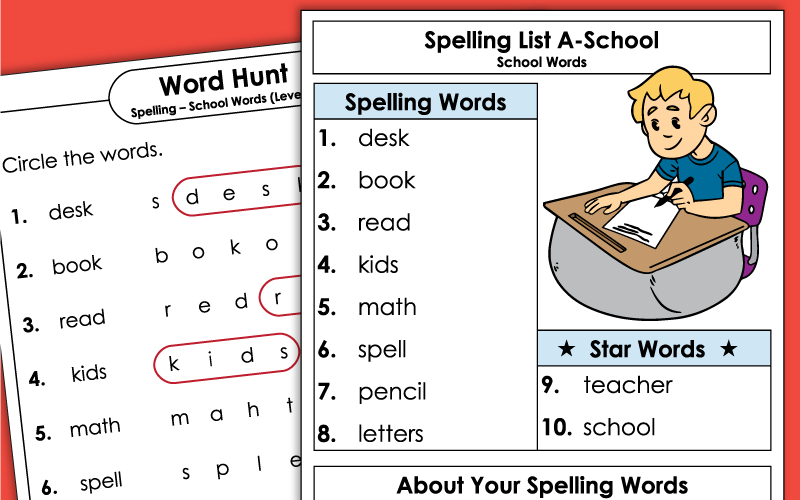Grade 1 Spelling Worksheets - School Words