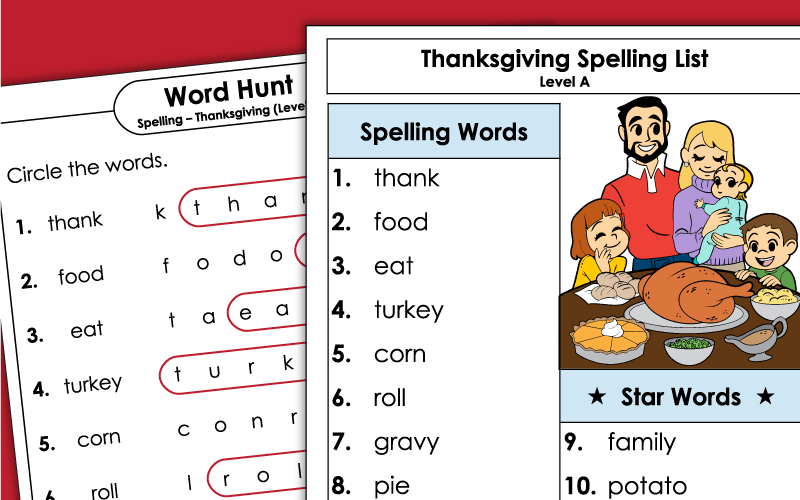 Spelling Worksheets - Grade 1 - Thanksgiving