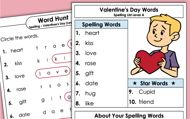 Spelling Worksheets - Grade 1 - Valentine's Day
