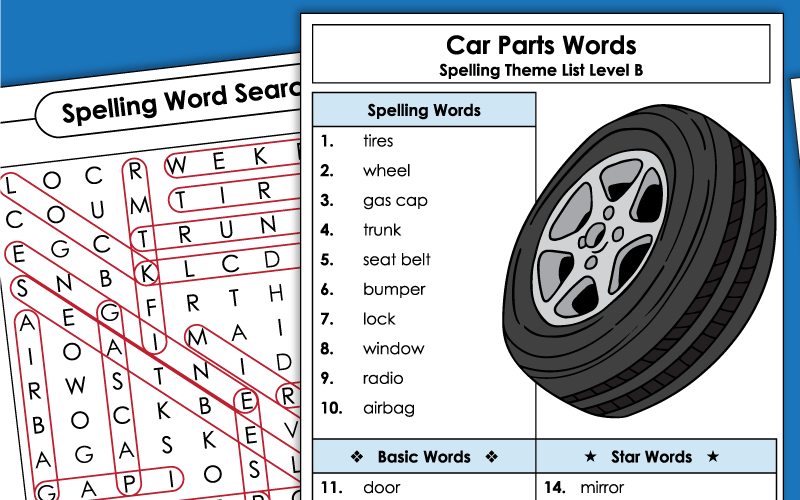 2nd Grade - Car Parts - Spelling Worksheets