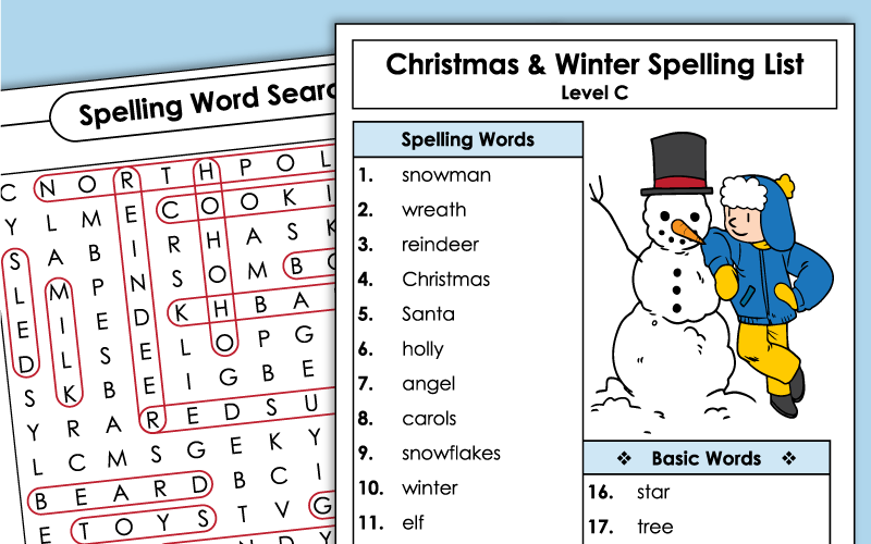 Christmas and Winter Spelling Worksheets - 3rd Grade