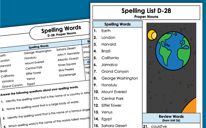 4th Grade Spelling Worksheets - Unit 28