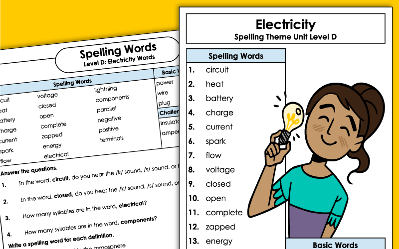 Grade 4 Spelling Worksheets - Electricity