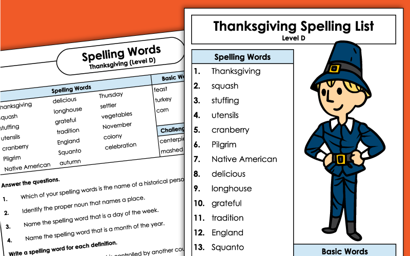 Grade 4 Spelling Worksheets - Thanksgiving