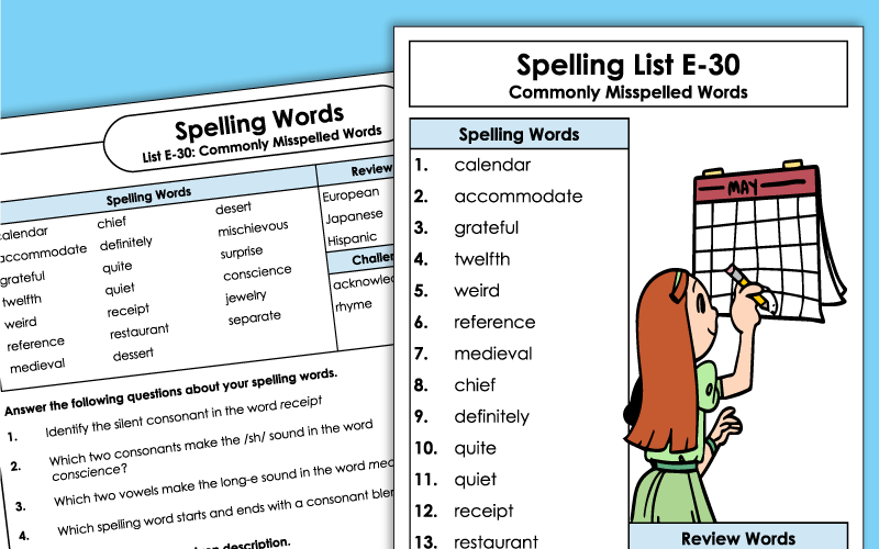 Spelling Worksheets - Fifth Grade - Unit 30
