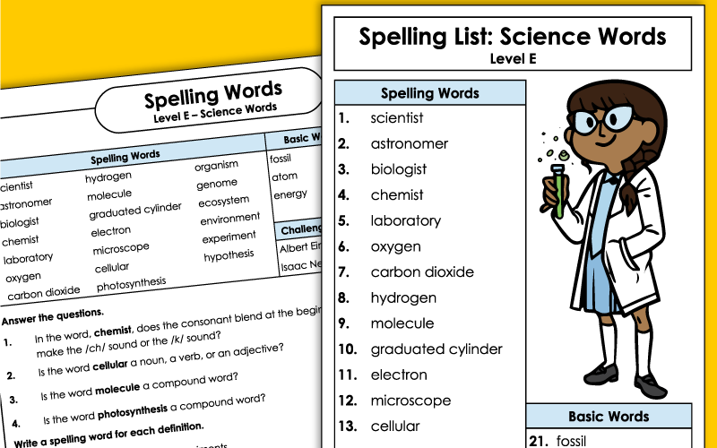 Grade 5 Spelling Worksheets - Science Words
