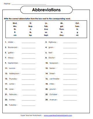 Printable Abbreviation Worksheets