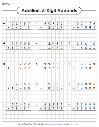 5-Digit Addition Worksheets - Graph Paper