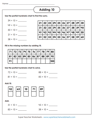 Adding 10 Worksheets (with Hundreds Chart)