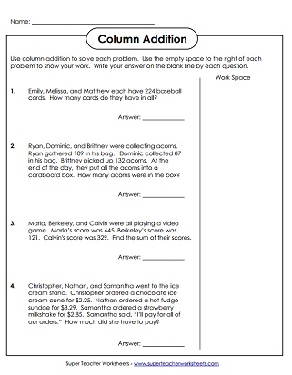 Column Addition Word Problems