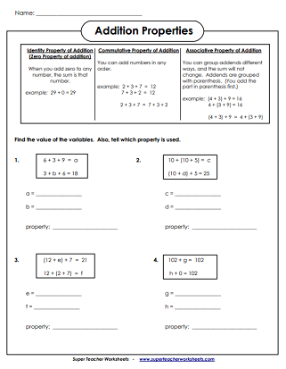 Addition Worksheets: Associative, Commutative Properties