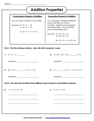 Addition Worksheets: Associative, Commutative Properties
