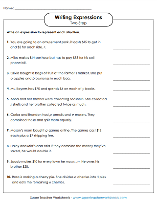 Writing Two-Step Algebraic Expressions Worksheets