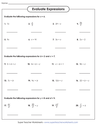 Evaluating Algebraic Expressions (Worksheets)