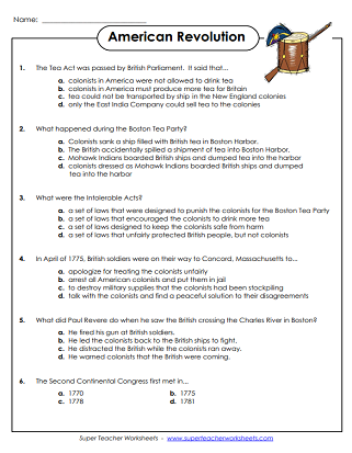 American Revolution Worksheets - Questions
