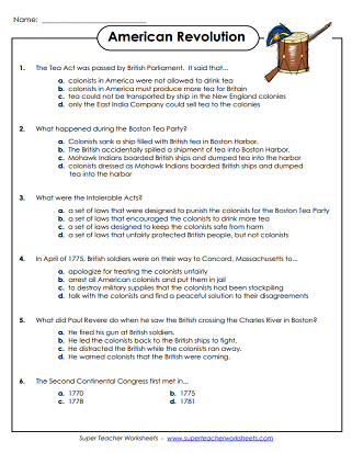 worksheets american revolution