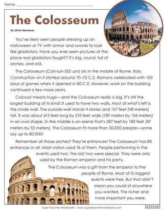 Ancient Rome Reading Comprehension Worksheets