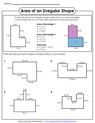 Areas of Irregular Shapes (Rectilinear Figures): Worksheets
