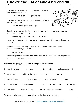 Advanced use of Articles A and An worksheets