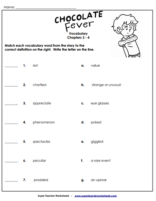 Chapter Book Unit Worksheets (Chocolate Fever)