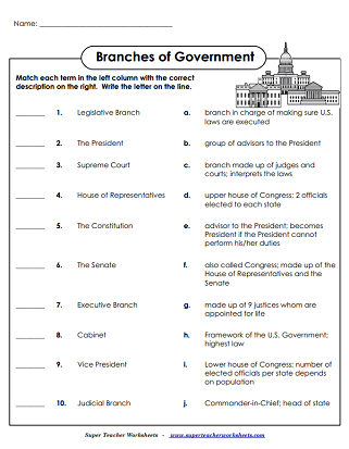 Branches of Government - Matching Worksheet