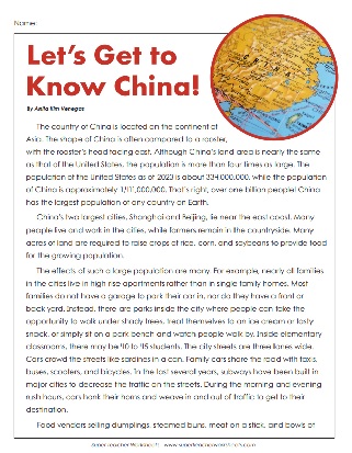 China Reading Comprehension Worksheet